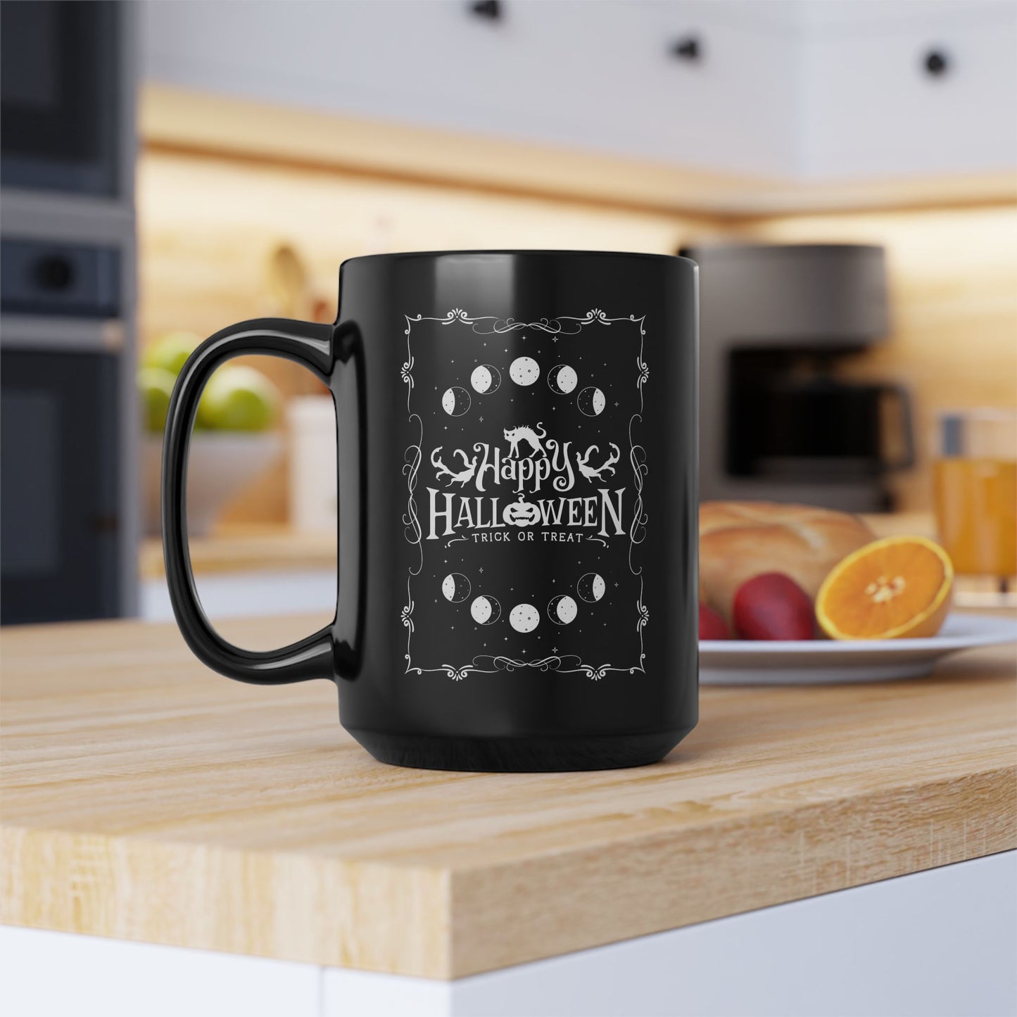 Happy Halloween Black Mug, 15oz Halloween Mug, Autumnal Mug, Mug for Fall, Fall Home decor, Fall mugs, Cute Mug